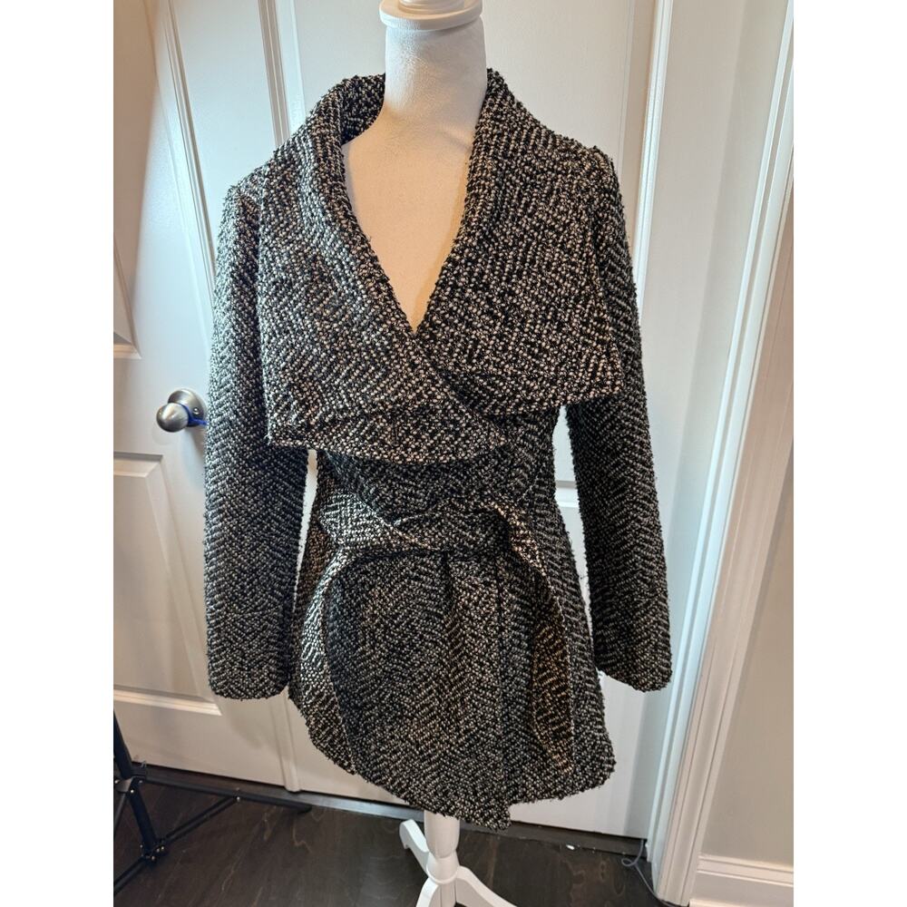 Jessica Simpson Women’s Black White Tweed Wrap Belted Coat Jacket XS